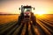 Sunset Harvest Modern Tractor and Agricultural Machinery Working in the Field. created with Generative AI