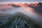 Sunset in High Tatras mountains national park in Slovakia. Scenic image of mountains. The sunrise over Carpathian mountains.