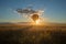 Sunset and a hot air balloon lands in canola in Alberta prairies