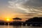 Sunset and hut silhouette from the sea, Koh Sichang,Thailand vintage images