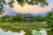 Sunset at the Hyangwonjeong Pavilion in the center of the pond in the Gyeongbokgung palace