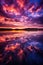 sunset with idyllic purple and pink dramatic clouds over lake water, gorgeous sunrise over pond