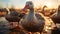 Sunset illuminates cute duckling waddling in meadow generated by AI