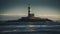 Sunset illuminates famous beacon on tranquil coastline, guiding sailing vessels generated by AI