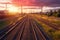 Sunset illuminates railway tracks from above, a picturesque backdrop for cargo shipping