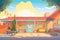 sunset illuminating the facade of a courtyard ranch, magazine style illustration