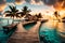 Sunset on island, luxury water villas resort, wooden pier. Beautiful sky clouds and beach c oast background generated AI