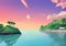 Sunset Island Splendor: An Illustration of a Vibrant Island Oasis with a Sunset Sky and Blue Ocean