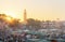 Sunset on Jamaa el Fna also Jemaa el-Fnaa, Djema el-Fna or Djemaa el-Fnaa is a square and market in the medina quarter of