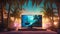sunset in the jungle highly intricately detailed photograph of Sail boat seen through palm trees inside a plasma tv