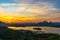 Sunset with Khao Jeen Lae mountain and river at Lopburi, Thailand