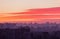 Sunset in Kiev, evening view of the panorama Kiev city. Red clouds in the capital of Ukraine