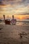 Sunset at Klong Muang Beach, Krabi, Thailand. Long tail boats at low tide