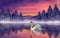 Sunset on Lake with fog,snow and swan,Forest,reflection,Landscape,Mountains