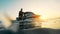 Sunset lake with a man jet-skiing. Waverunner riding.