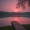 Sunset on the lake in the morning mist with a wooden path