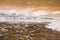 Sunset at the lakeside with rocks of a fjord during low tide in