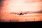 Sunset with landing airplane