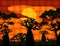 Sunset with landscape of baobab trees. Forest of Boab or Baobab Tree background. African Wax Print fabric, weaved fiber pattern