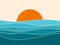 Sunset landscape boho 70`s style retro graphic design, blue water ocean waves with abstract vintage art illustration, orange sun