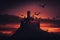 A sunset landscape displays a foreboding castle looming on the horizon. Fantasy concept , Illustration painting. Generative AI