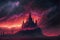 A sunset landscape featuring ominous castle Fantasy concept , Illustration painting. Generative AI