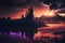 A sunset landscape featuring ominous castle Fantasy concept , Illustration painting. Generative AI