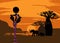 Sunset with landscape of forest baobab trees, elephants in the savannah and African curly woman carrying water in the pots