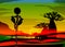 Sunset landscape of forest baobab trees, elephants in the savannah and African curly woman carrying water in the pots