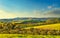 Sunset landscape in Maremma. Rolling hills and cypress trees. Casale Marittimo,Tuscany, Italy