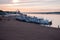 sunset landscape, Parking of pleasure boats on the embankment of the Amur river in Heihe in summer