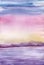 Sunset landscape with sea and mountains, in a pink, blue, yellow