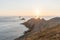 Sunset landscapes at the Raz Point Pointe du Raz with cliffs into the sea, Brittany, France