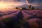 Sunset lavender field, straw house, butterflies and distant mountain., generative IA