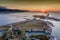 Sunset in Lefkada over Santa Maura Castle in Greece aerial view