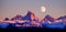 Sunset Light Alpen Glow on Tetons Teton Mountains wtih Moon Rising