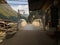 Sunset light glows over pedestrian bridge at Machupicchu pueblo