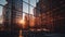sunset light reflection on modern buidings windows evening business centre New York City,
