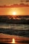 Sunset light reflection on sea sand surface, beautiful yellow sunlight in sea foam, warm sandy beach