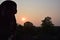 Sunset, lion at historic angkor wat temple in cambodia with tree in background