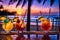 sunset-lit tropical beach, silhouetted palm trees framing vibrant cocktails on a bamboo bar top