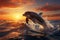 Sunset magic 3Drender of dolphins joyously leaping in the sea