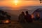 Sunset magic Couple sits by tent, savoring outdoor adventure together