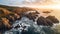 Sunset Majesty: Aerial Exploration of a Rocky and Rugged Coastline