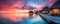 Sunset on Maldives island, luxury water villas resort and wooden pier.AI Generated