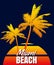 Sunset Miami Beach summer print t-shirt design. Poster palm tree silhouettes, gradient, typorgaphy. Vector illustration