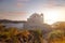 Sunset at Milos island, Greece. Old fortress and ancient church