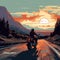 Sunset Motorcycle In Mural Style: American Scene Painting