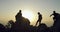 Sunset, mountain or friends hiking in nature adventure to explore outdoors on holiday vacation. Silhouette, climbing