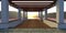 Sunset on a mountain lake. The sun shines through the patio on the wooden deck pier. White brick finish. 3d render